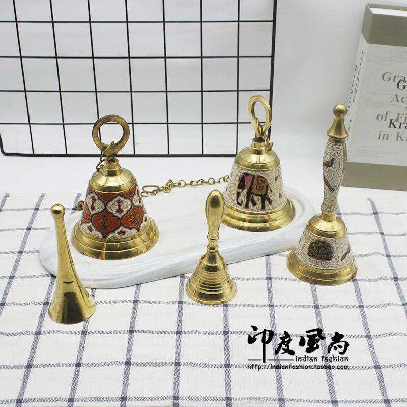 印度风尚 进口手工彩绘纯铜带柄手摇响铃铃铛居家金属摆件装饰