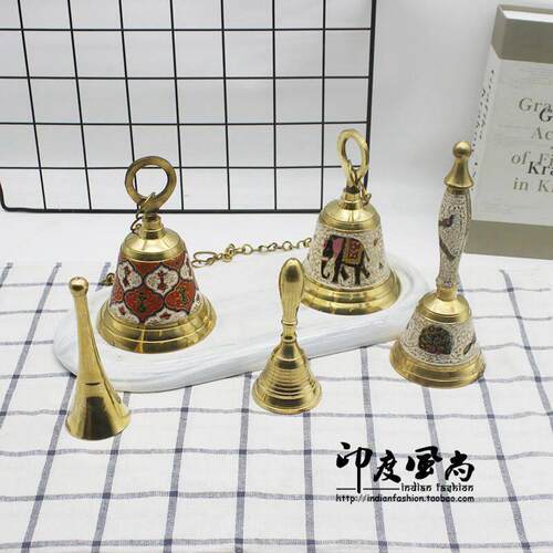印度风尚 进口手工彩绘纯铜带柄手摇响铃铃铛居家金属摆件装饰