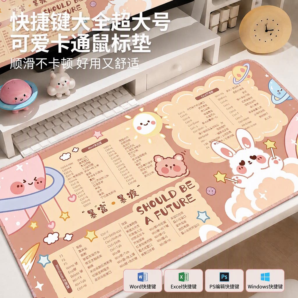 快捷键大全超大号可爱卡通鼠标垫女生高颜值电脑桌垫办公家用