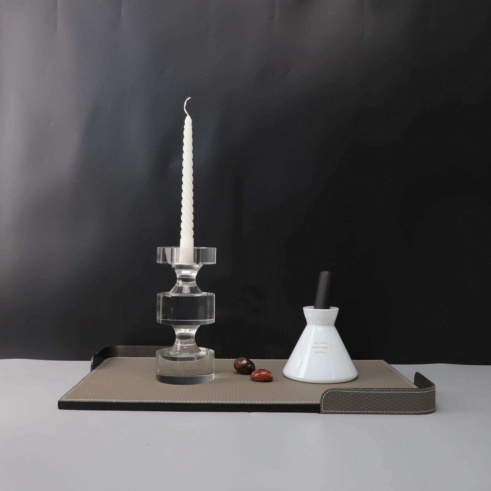欧式轻简奢约盘水晶烛台皮革托板样房玄关卧室家居客厅装饰品0320