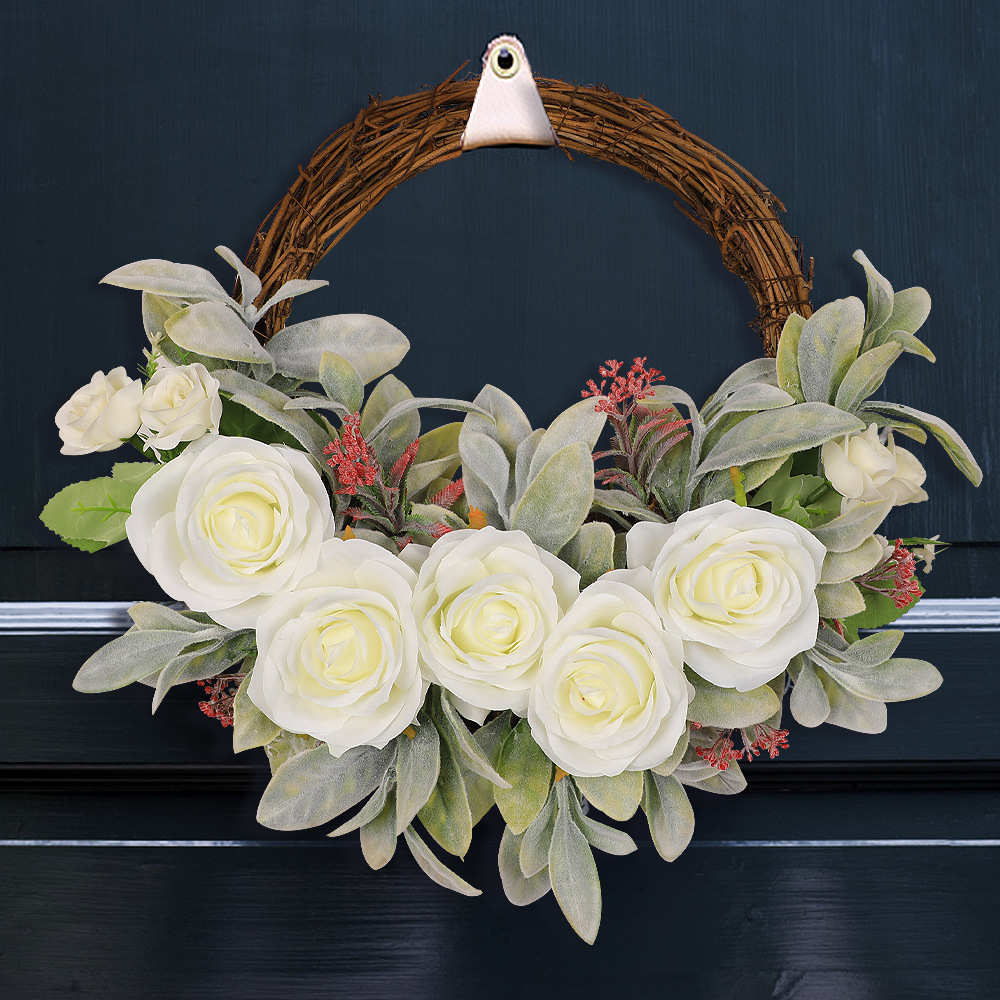 新款春下装饰花环仿真玫瑰花花环家居装饰门挂复活节装饰品塑料藤