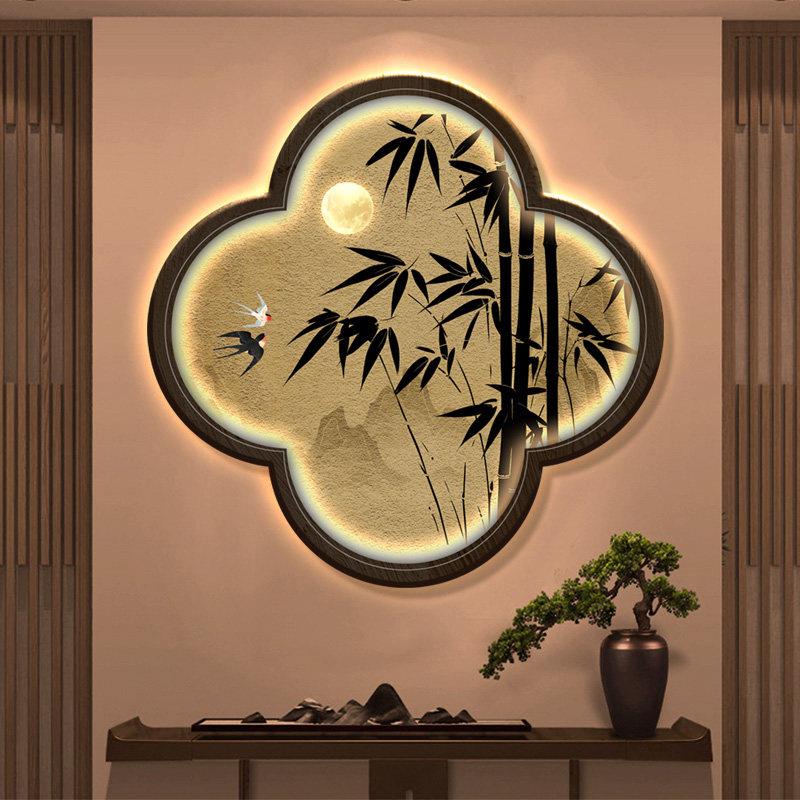 竹报平安入户玄关装饰画梅花形假窗户景茶室挂画走廊过道壁画带灯