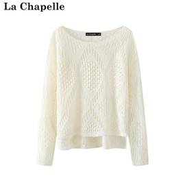 拉夏贝尔lachapelle一字领针织衫，女法式镂空宽松慵懒上衣女