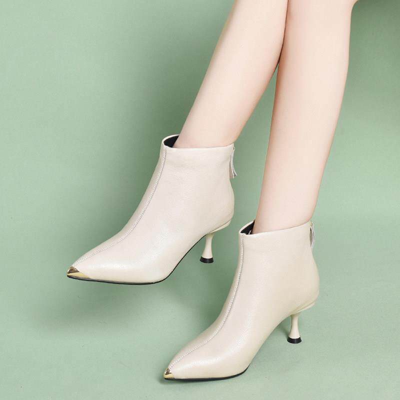 米白色短靴女2025秋款新款单靴百搭女鞋春秋季尖头细跟高跟1220h