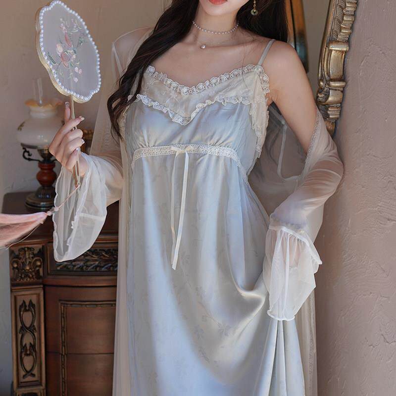 冰丝缎带胸垫吊带睡裙晨袍两件套女春夏季高级感轻奢新中式睡衣春