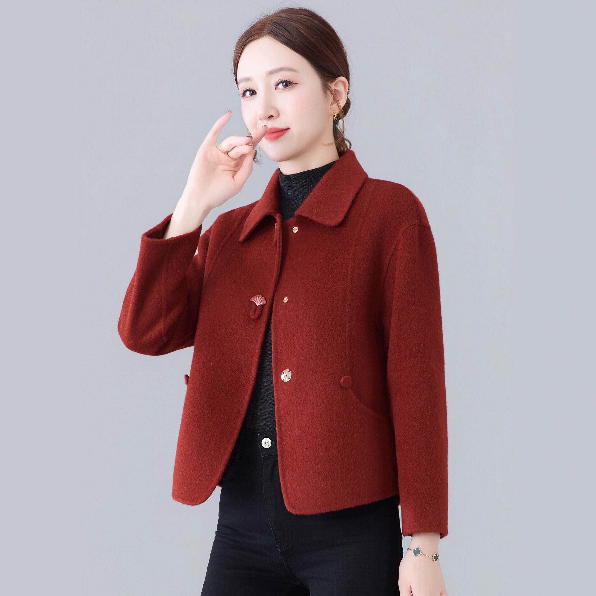 短款双面羊毛呢女2026春秋新款时尚过年喜婆婆妈妈上衣呢子外套