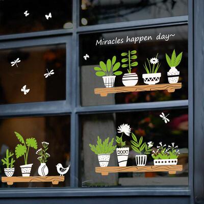 Wall Decoration Stickers Flower Potted Plant Pot Shop Glass