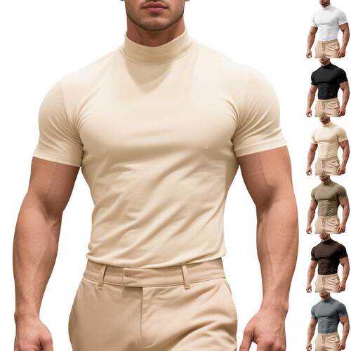 Shirt Casual Summer Mens Slim Fit High-Neck Stretch Wear