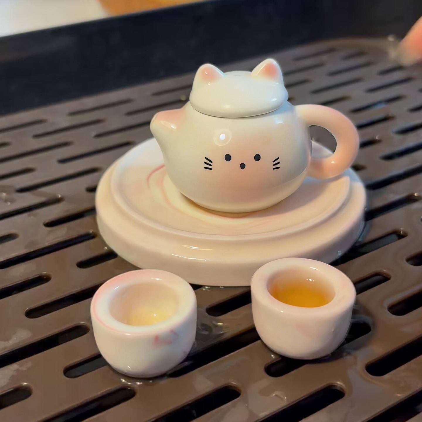 猫咪迷你茶具套装景德镇陶瓷茶壶可泡茶工夫茶创意过家家玩具礼物