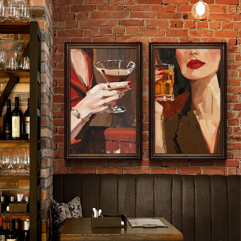 复古红酒美女酒吧油画西餐厅墙面装饰画工业风清吧音乐餐吧挂画