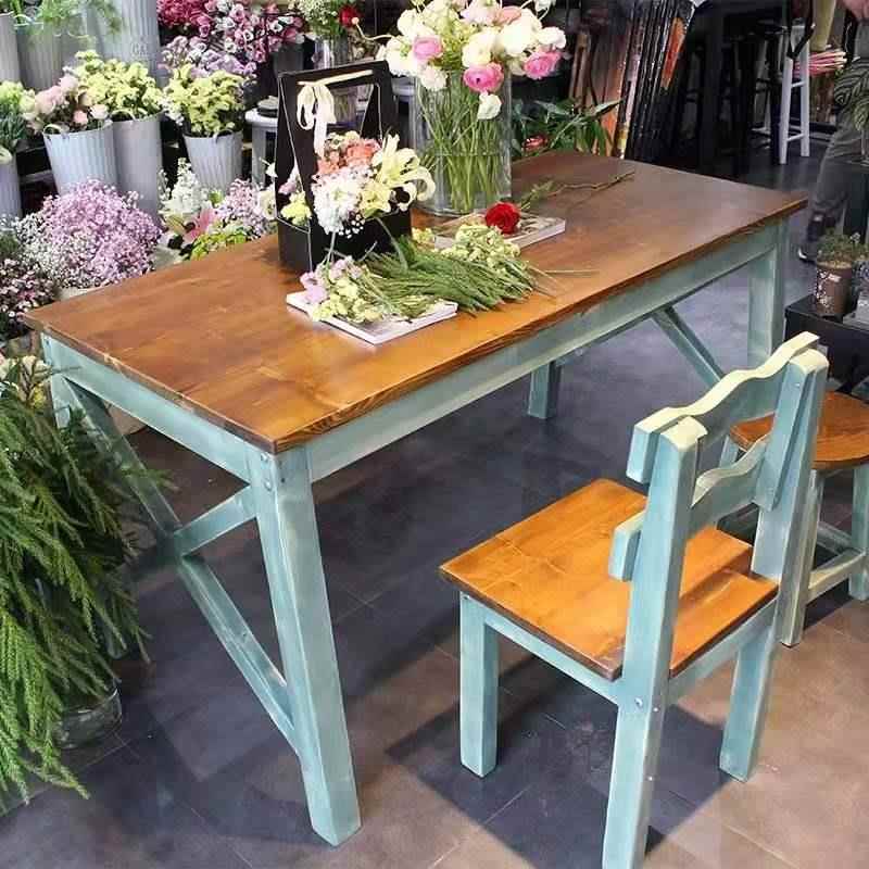 实木桌子快餐椅子组合餐饮桌花店花店艺术158包桌工台复古作彩色