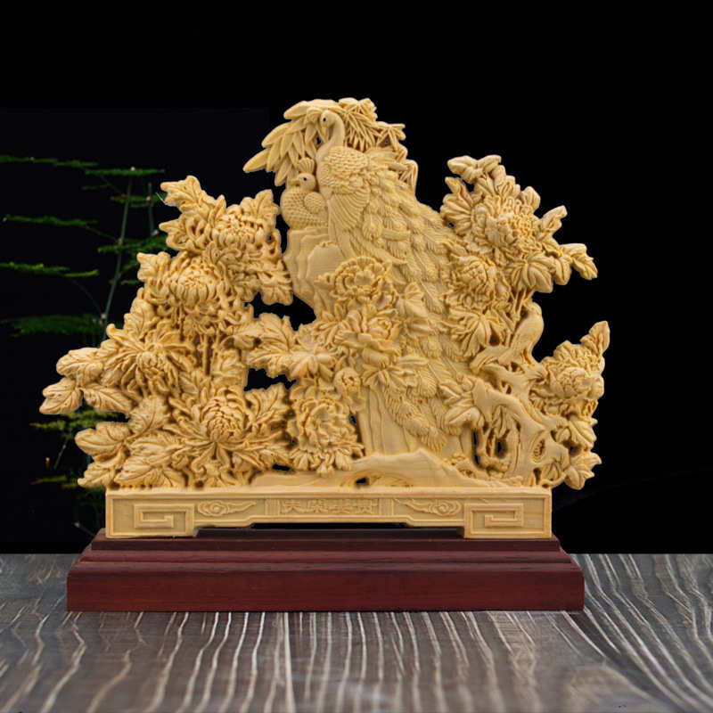 底座孔雀黄杨木购摆送礼工艺品摆件木质淘办公乐饰红木牡丹批发场