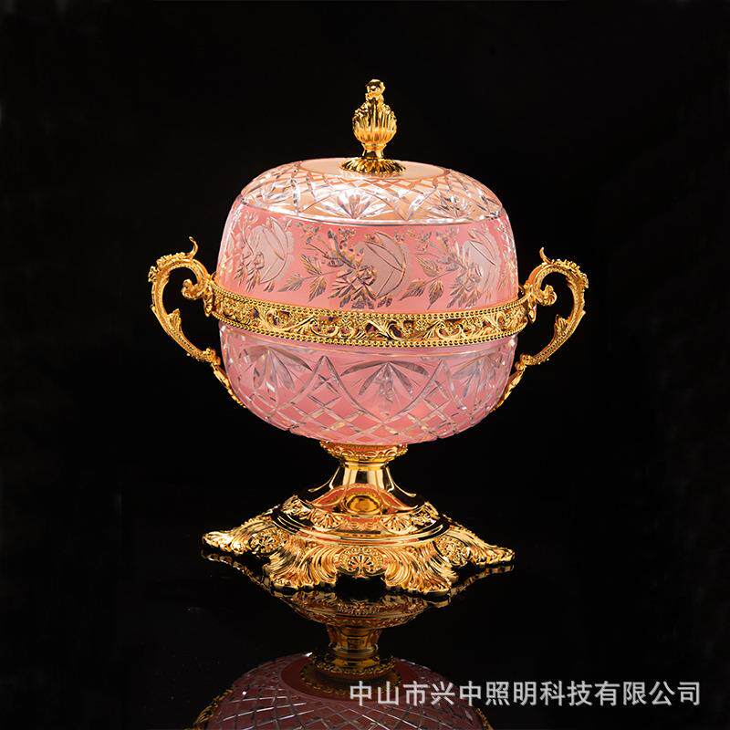 美式高档奢华样板房别墅水晶镶铜水果盘 欧式古典软装客厅摆件