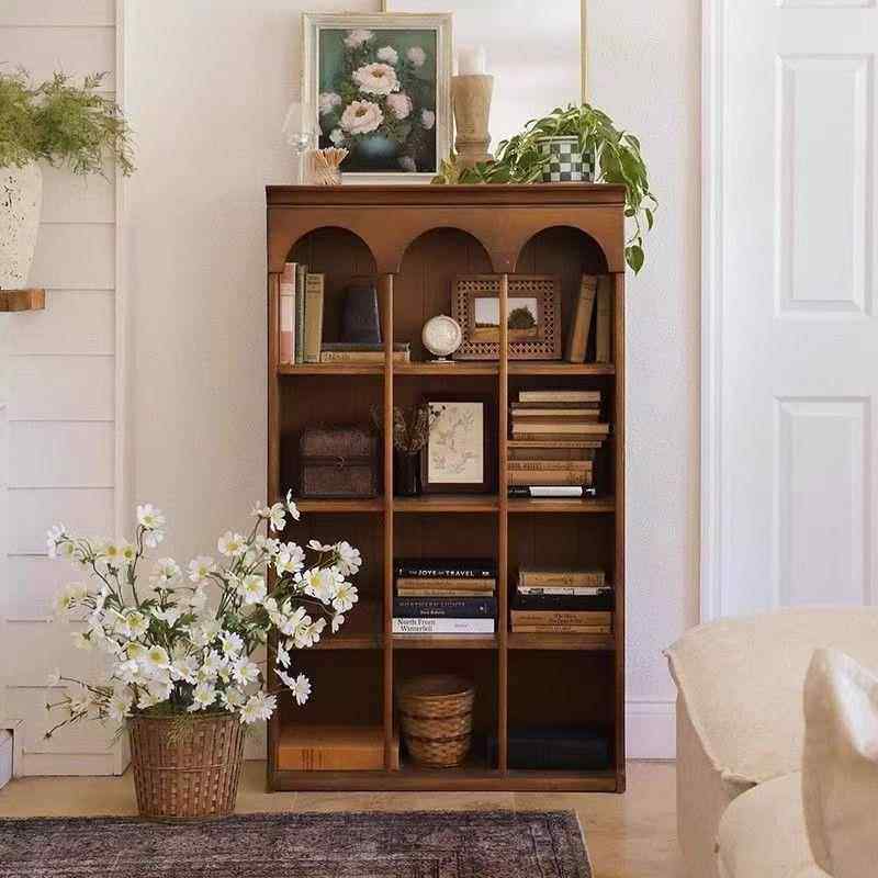 现代书柜法式复古实木客厅收纳展示柜小户型家用多功能落地储物柜