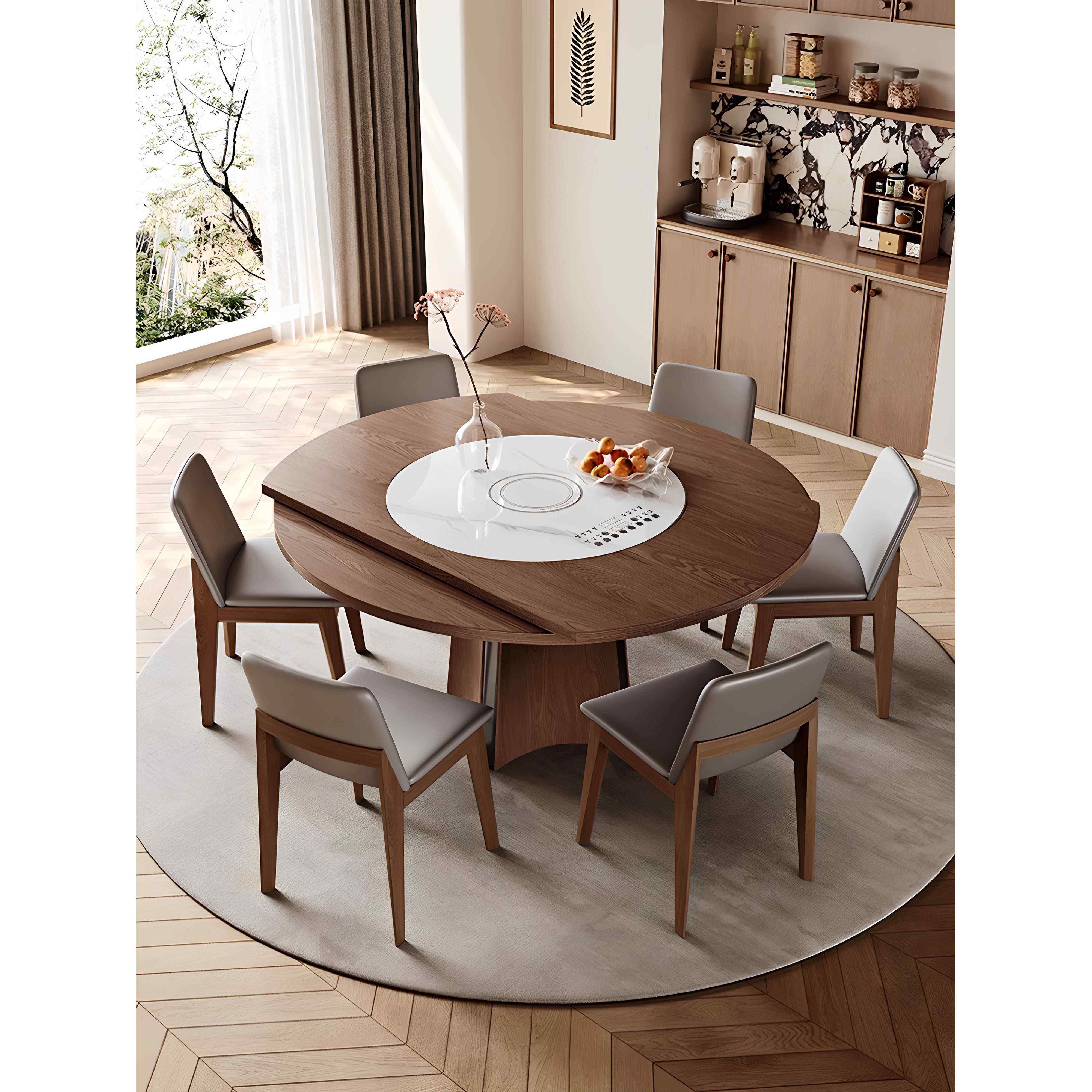 中古风实木餐桌椅组合家用小户型折叠伸缩可变圆桌内嵌电磁炉转盘,住宅家具,实木餐桌,淘宝优惠券,粉丝福利购,淘宝优惠卷