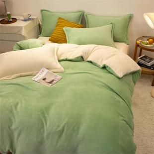 高档冬天加绒四件套牛面绒180×220被罩珊瑚绒双色1灰米2床单奶三