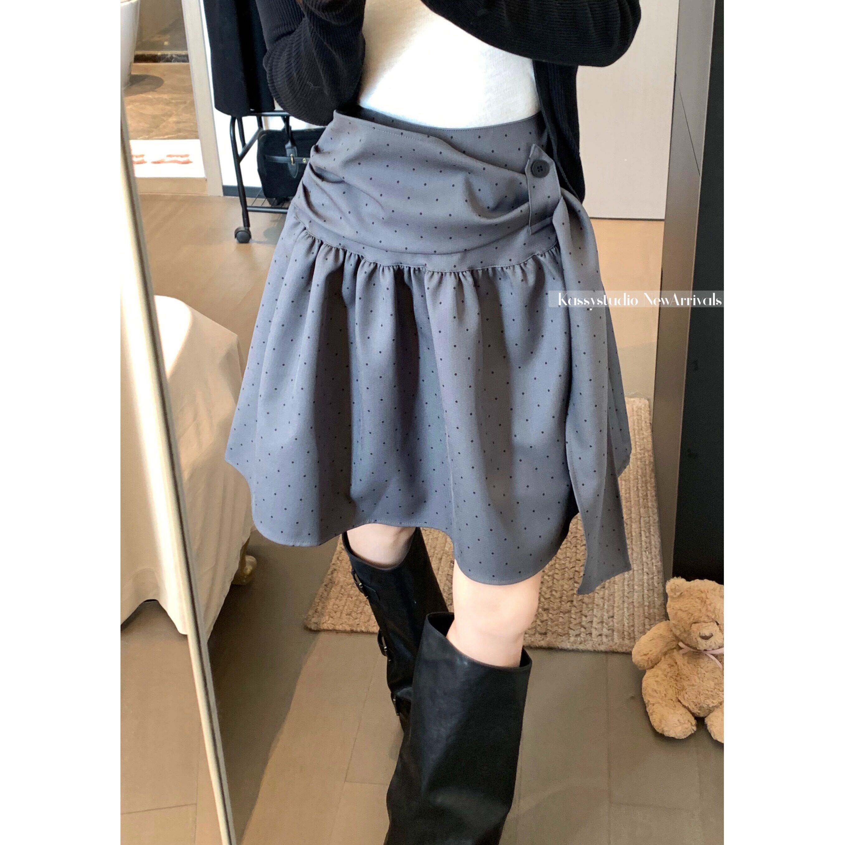 PPHOME设计感miu系灰色波点半身裙女夏季高腰显瘦百搭遮胯A字短裙
