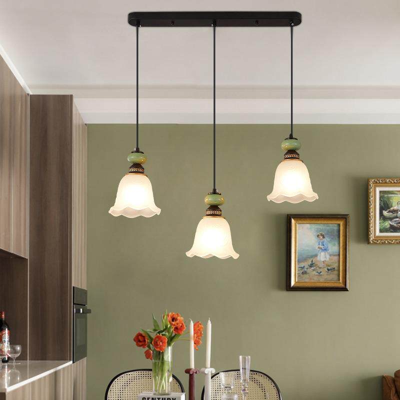 餐厅吊灯美式乡村奶油青色饭厅花朵长盘圆盘5头楼梯3头陶瓷餐桌灯