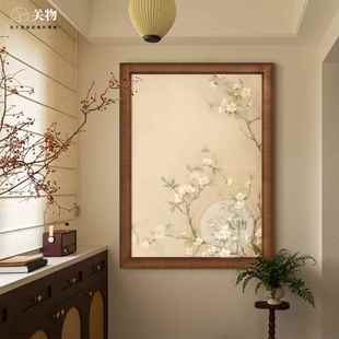 中式唯gw206美花卉手绘油画玄关原木风装饰画客中厅沙新发背墙景