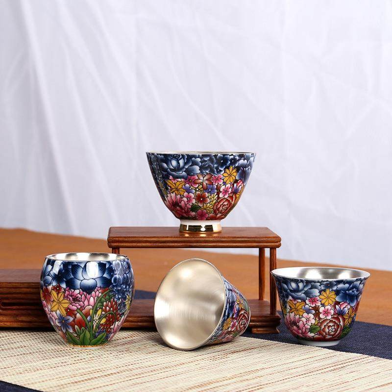 景德镇手绘釉下五彩石榴口杯品茗杯复古银盏茶杯陶瓷茶盏绿茶