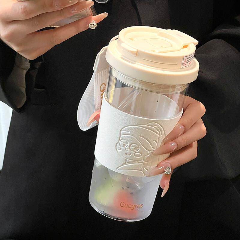 沐韩女生高颜值塑料吸管杯大容量便携随手杯复古水杯子外带咖啡杯