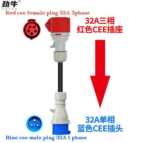 欧标新能源转蓝色CEE母座三相红色充电枪7/21KW线长0.6米转换接头