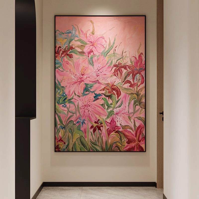 百合花多巴胺奶油风纯手绘油画抽象肌理客餐厅玄关走廊装饰画