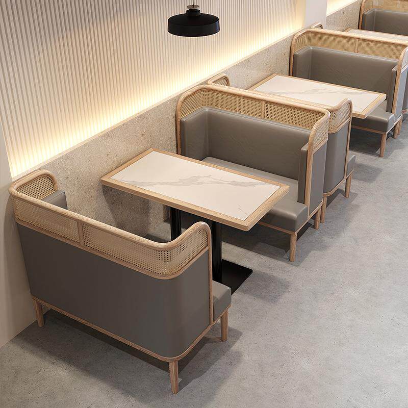 实木藤编高档中式餐厅桌椅咖啡店茶餐厅面馆饭馆双人卡座组合