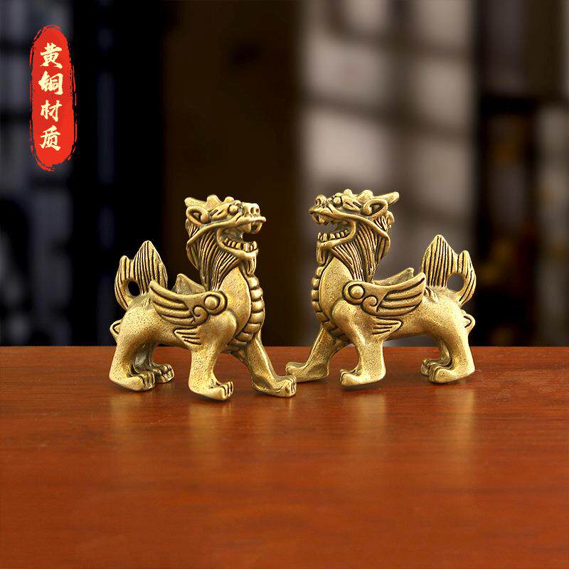 纯铜麒麟摆件一对公母麒麟古玩铜器装饰品家居客厅摆件