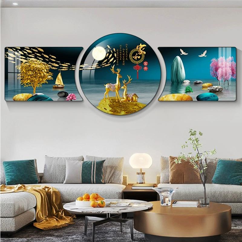 现代简约客厅装饰画沙发背景墙挂画卧室晶瓷镶钻壁画新中式三联画图片