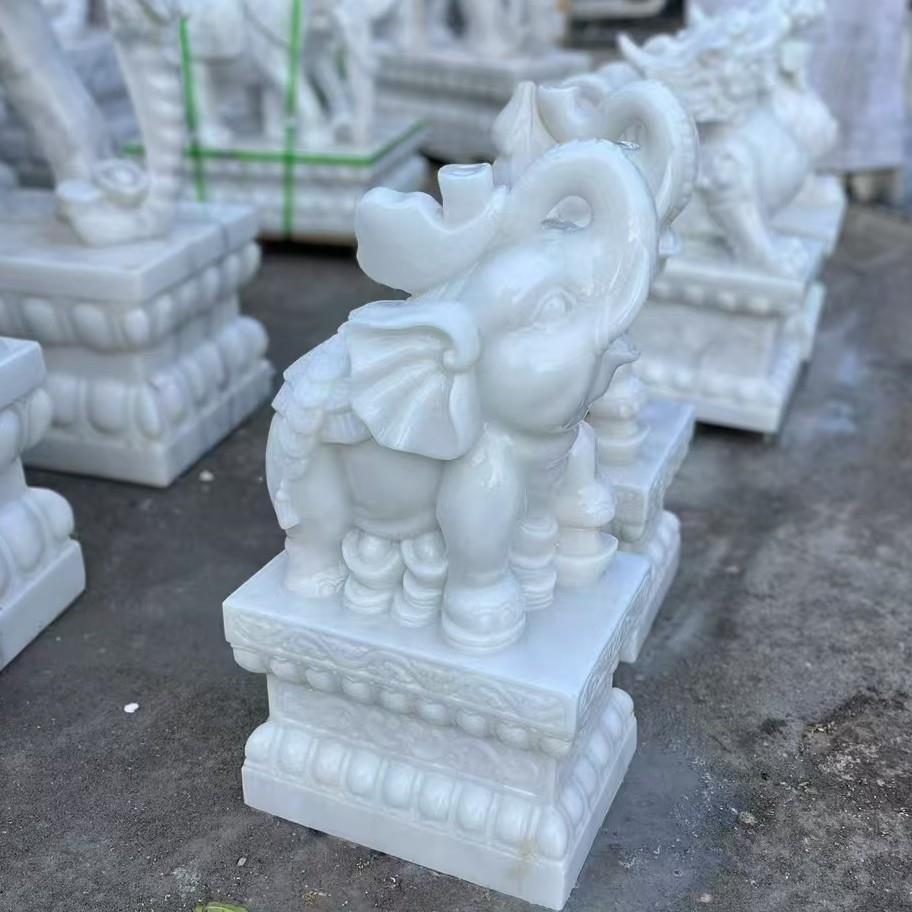 石雕汉白玉大象一对门墩抱鼓石门口翘鼻子石象别墅门口招财摆件