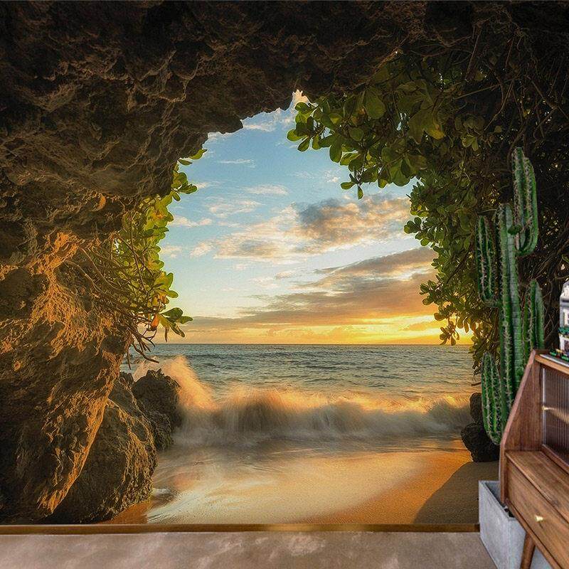3d立体创意森林壁纸大自然风景网红饭厅烧烤壁画 画山洞延伸视觉