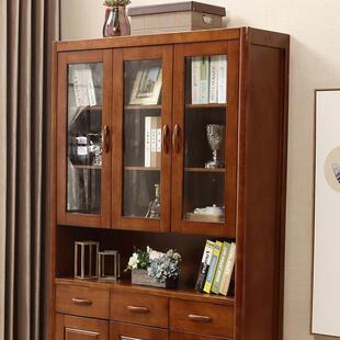 中式 004屉书橱办公室文件书柜办 实带木书柜房小房孩3门玻璃抽SG