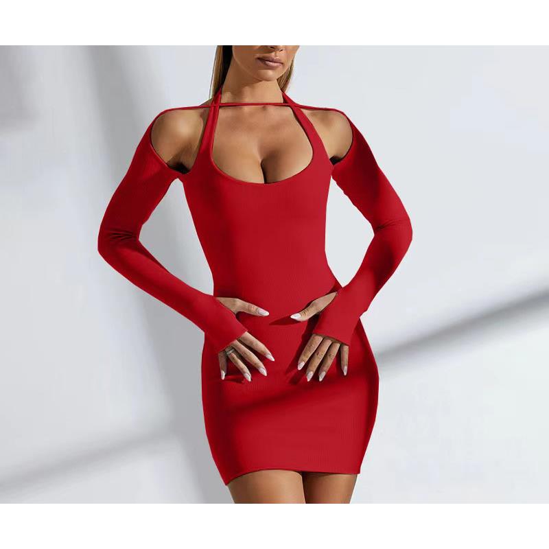 Solid color sexy long sleeve halter neck hip dress