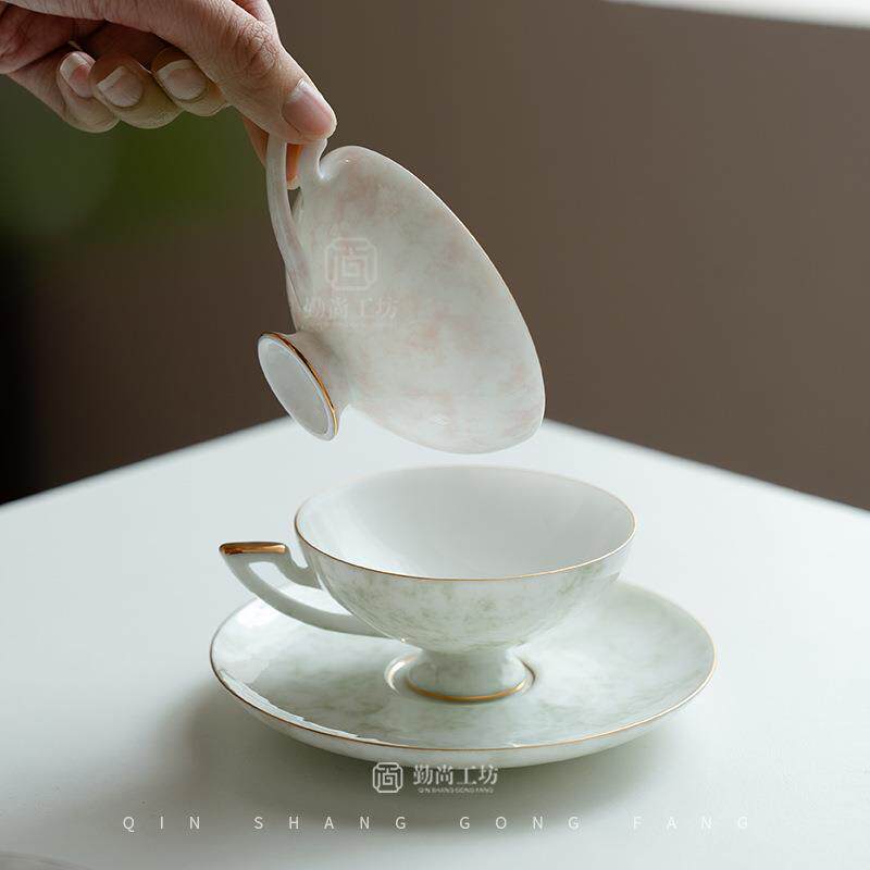 花开荼蘼渐变色陶瓷咖啡杯带杯垫小清新办公杯个人杯马克杯带杯碟