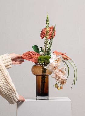 现代轻色仿真花艺干花高级感咖色艺术玻璃摆件客厅花艺饰品摆设