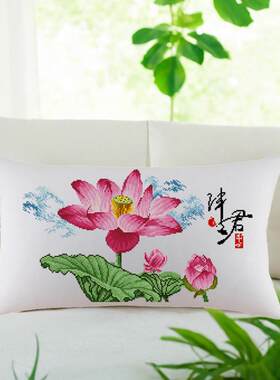 花卉系列长方形十字绣抱枕荷花伴君莲之梦客厅沙发汽车靠垫自己绣