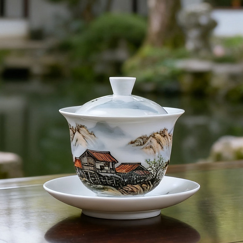 齐派山水盖碗国家一级美术师刘培竹功夫主人杯家用轻奢陶瓷茶杯,餐饮具,盖碗,淘宝优惠券,粉丝福利购,淘宝优惠卷