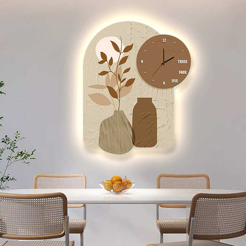 墙客厅餐厅挂画餐桌发光钟表灯简约现代带钟表背景led装饰画壁饰