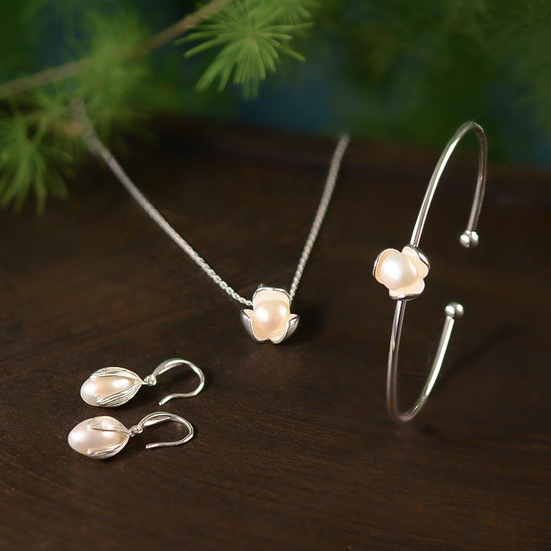 高档s925银手镯女纯银子珍珠芙镯蓉花清新款简约森系细款复古风新