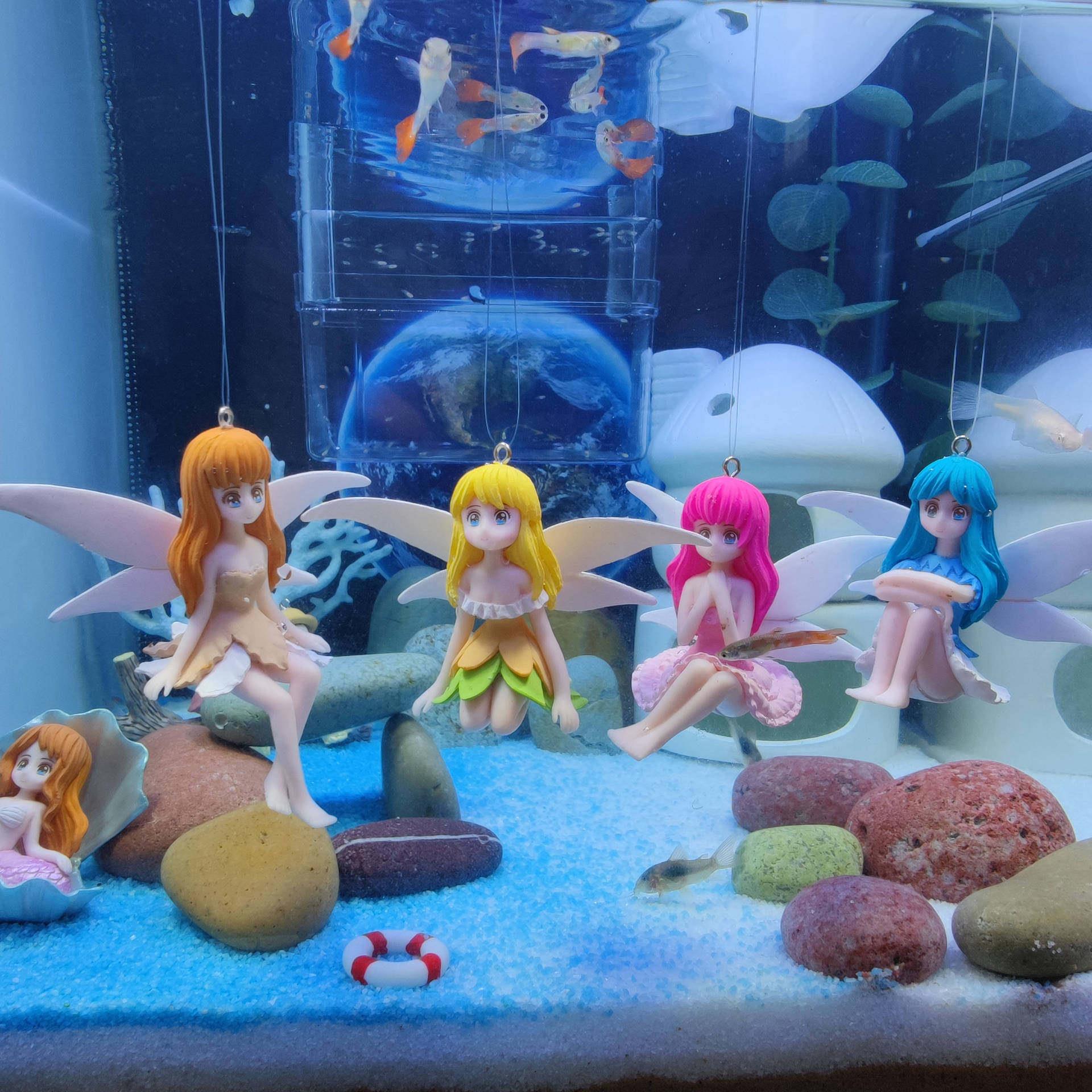 悬浮鱼缸造景新款可爱天使网红水族箱悬浮观赏桌面装饰小仙女摆件