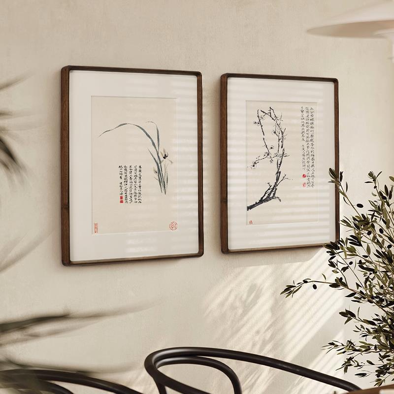 石涛花卉新中式餐厅装饰画客厅茶室玄关挂画实木桌面摆件画框空框