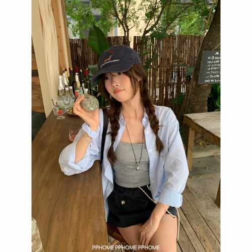 PPHOME自制~夏日呼吸感 条纹长袖衬衫外套女吊带系带口袋裙裤套装