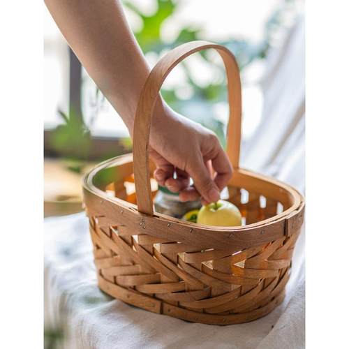 藤编收纳筐手提篮子编织花篮复古田园风木片仿竹编篮拍照道具篮子
