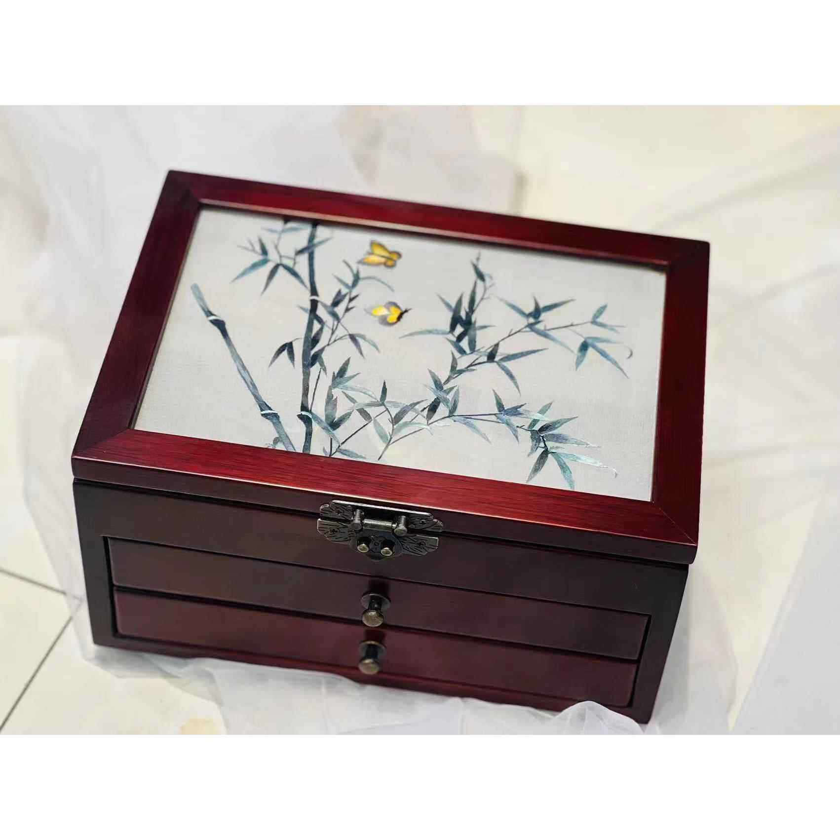 高档汉墨记国风红梨汉花服首饰配饰结古风覆古婚收纳盒盒人工刺绣