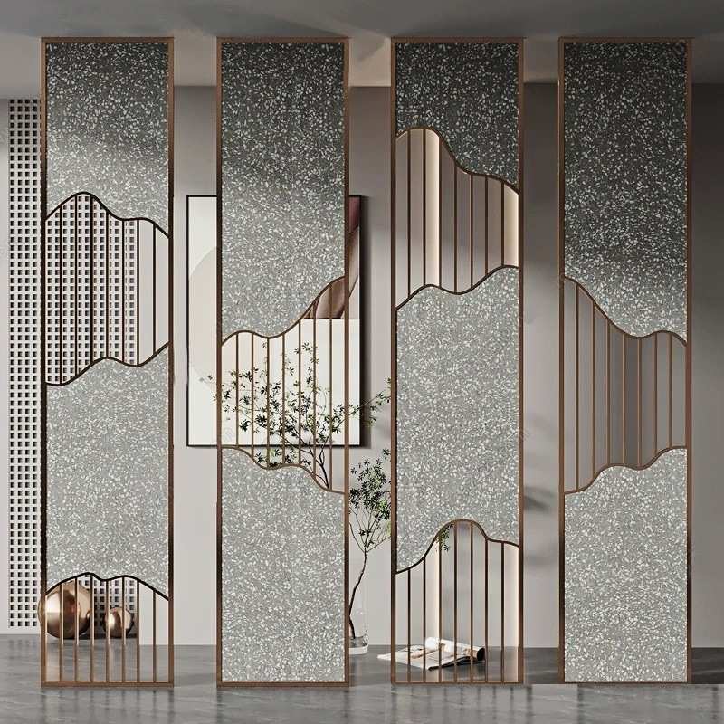 中式新隔断入户门不锈钢屏风艺屏风售楼部玻璃铝镂空花格夹丝浮雕