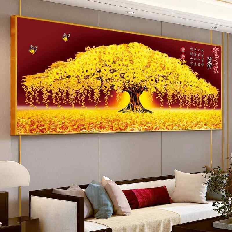 蒙娜丽莎黄金满地发财摇钱树十字绣2024新款线绣客厅大幅刺绣满绣