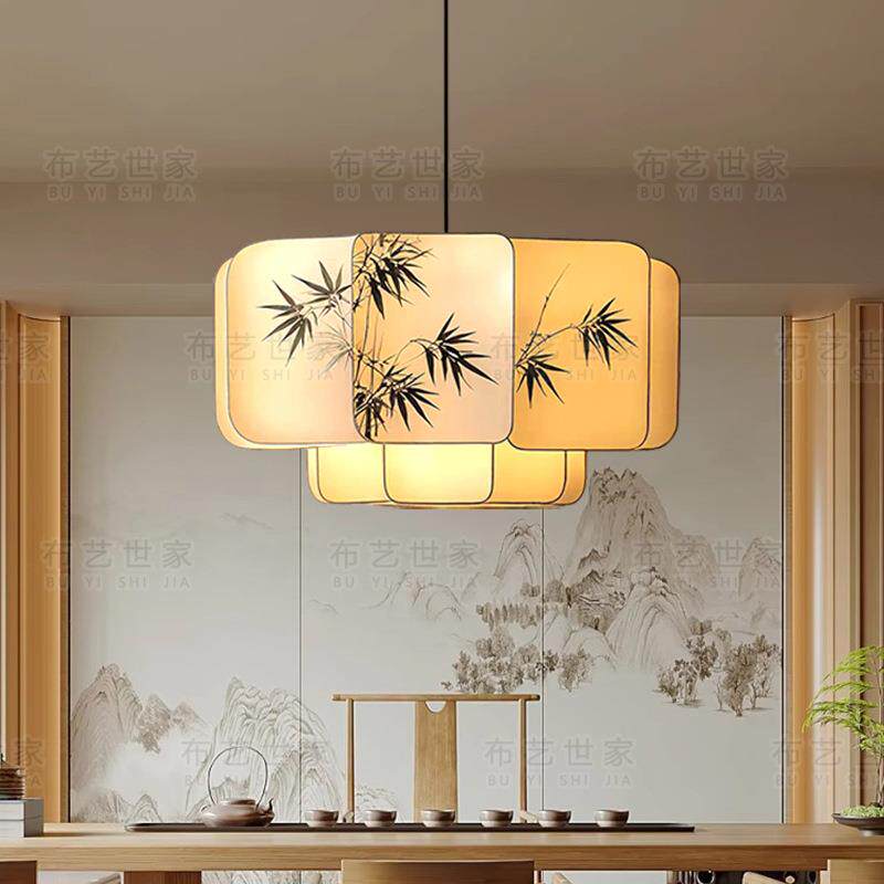 宋代美学布艺竹叶水墨画文人墨客客厅灯禅意茶室书房餐厅卧室吊灯