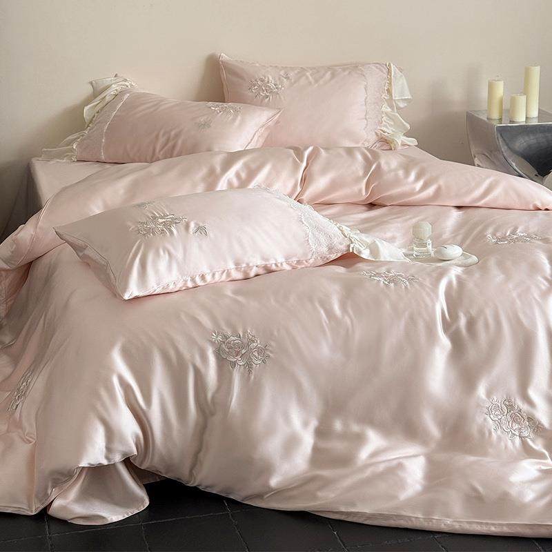 轻奢春夏凉感天丝四件套少女心刺绣被套床单宿舍三件套床笠床品粉