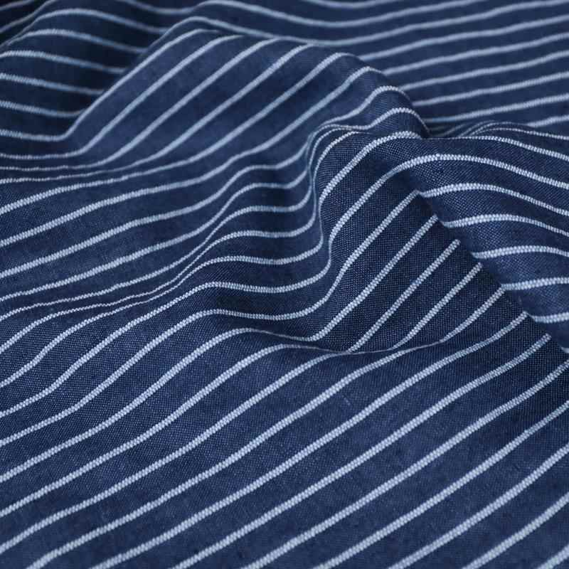 进口蓝黑白色竖条纹提花砂洗纯亚麻面料设计师套装布料